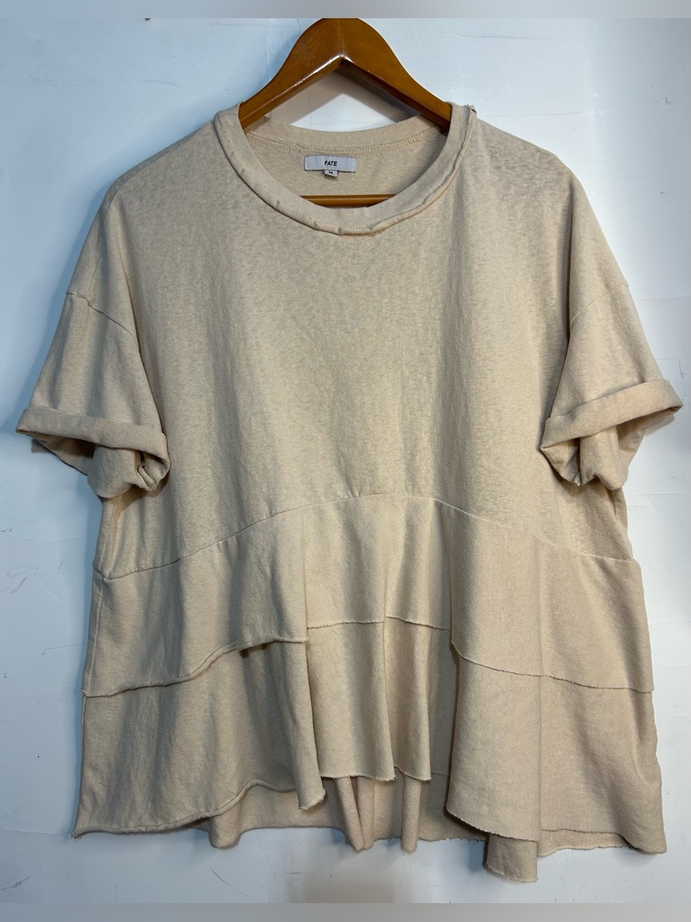 FATE Tiered Raw-Hem Beige Tunic Top Medium